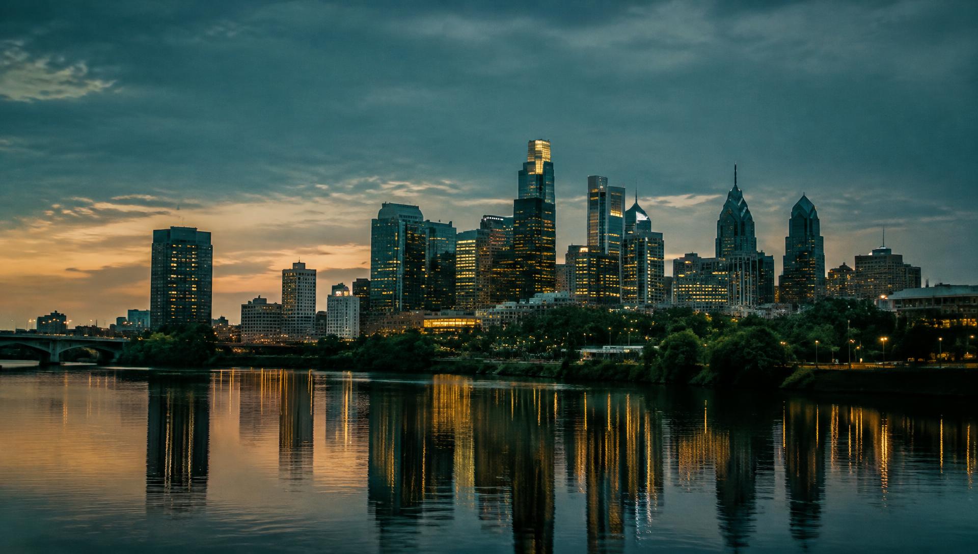Philadelphia skyline reflected in the Schuylkill River at blue hour