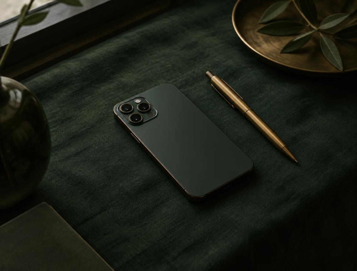 Phone resting on dark green linen beside a brass pen